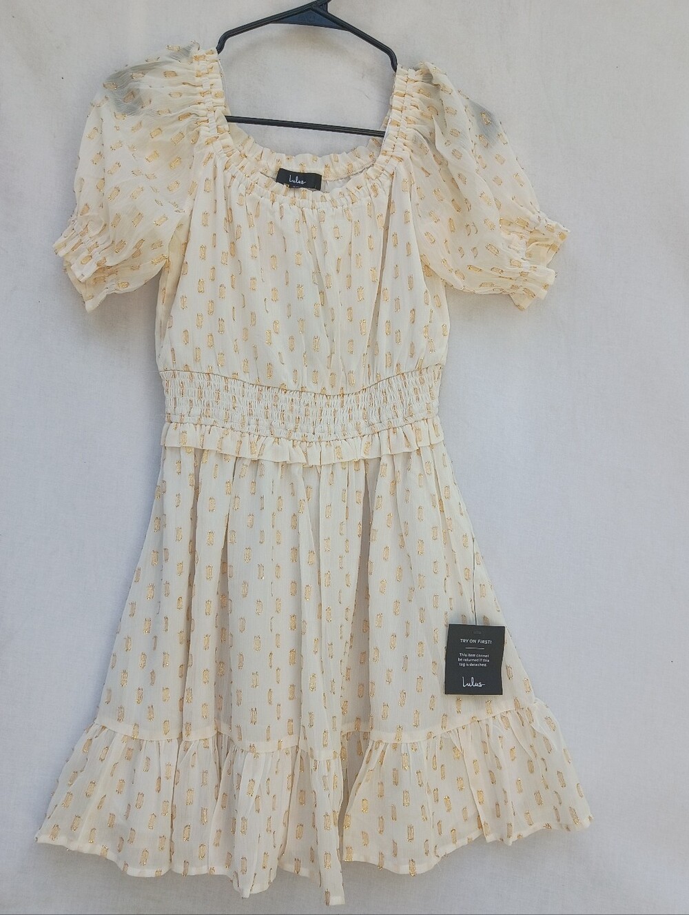 Lulu's Touch Of Glam Cream& Gold Dotted Off-Shoulder Mini Dress W/ Puff Sleeves